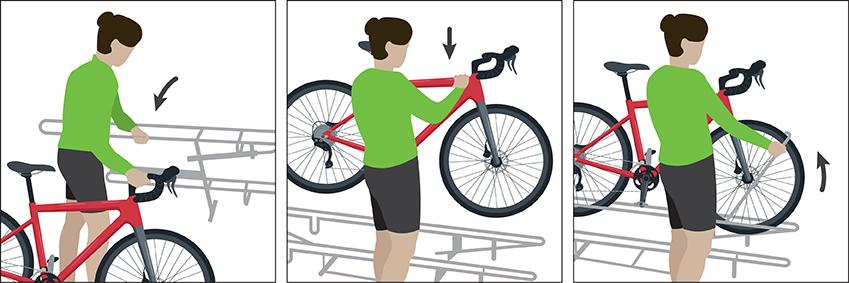 Loading a bike onto the bike rack. First, lower the slot, place bike in slot using indicated direction, then secure the support arm.