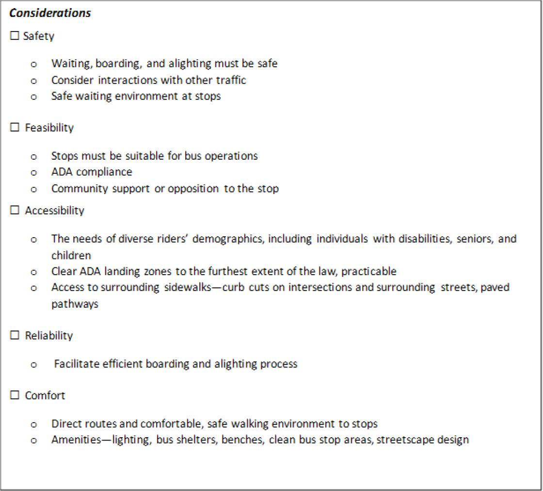 a checklist covering safety, reliability, feasibility, accessibility, and comfort