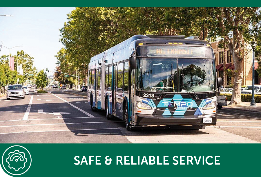 AC Transit bus driving down street with "Safe & Reliable Service" text on bottom of screen
